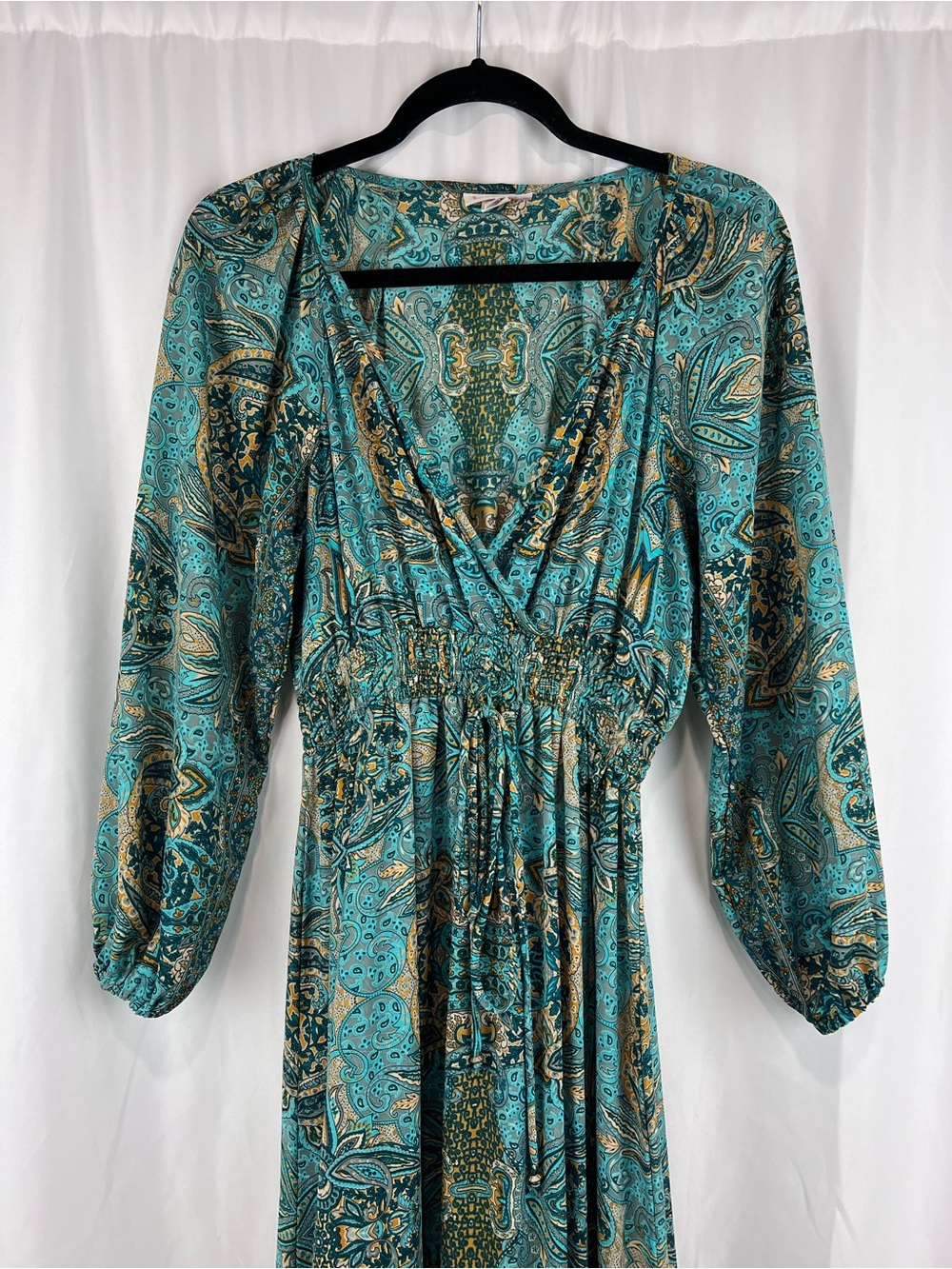 Anthropologie Boemo Teal Paisley Long Sleeve Tiered Maxi Dress - Size LP - Picture 3 of 7